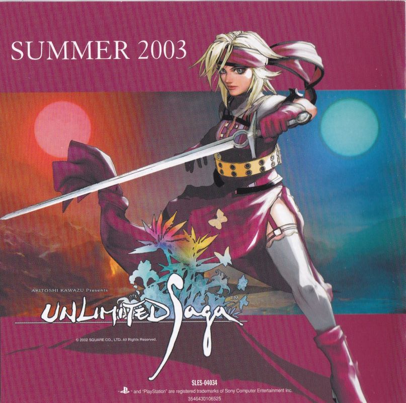 Unlimited Saga Manual Advertisement (Game Manual Advertisements): Back of the manual for the UK PS1 release of Final Fantasy: Origins