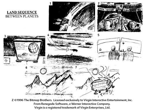 Z Concept Art (Virgin Interactive Entertainment website, 1997): Cinematic sequence storyboard