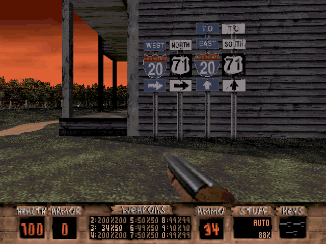Redneck Rampage Screenshot (OGR preview, 1996-12-10): Although we doubt Redneck Rampage uses an accurate map of Arkansas, road signs help you keep your bearings.