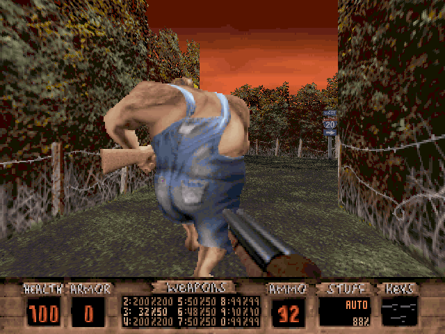 Redneck Rampage Screenshot (OGR preview, 1996-12-10): We snuck up on Cletus to show you this lovely view of his overall-wearing rearend, then we blasted him.