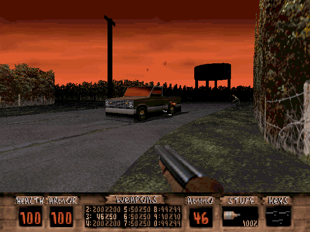 Redneck Rampage Screenshot (OGR preview, 1996-12-10): Pickup trucks randomly drive around the area, watch out for these indestructible hillbilly vehicles, they aim for you!