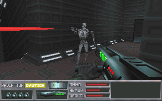 The Terminator: Future Shock Screenshot (Bethesda Softworks website, 1995-05-16): battling a Terminator inside an outpost #1
