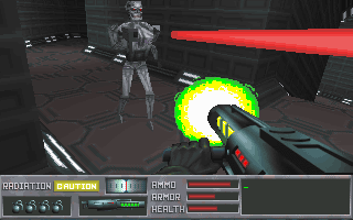 The Terminator: Future Shock Screenshot (Bethesda Softworks website, 1995-05-16): battling a Terminator inside an outpost #2