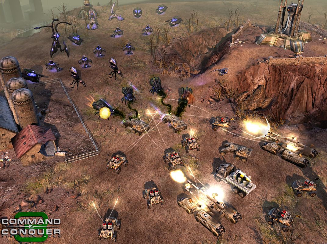 Command & Conquer 3: Tiberium Wars Screenshot (Electronic Arts UK Press Extranet, 2007-01-22): GDI heavy vehicles [attack] aliens