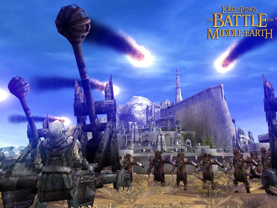 The Lord of the Rings: The Battle for Middle-earth Screenshot (Electronic Arts UK Press Extranet, 2004-05-13 (E3 2004 assets)): Catapults firing