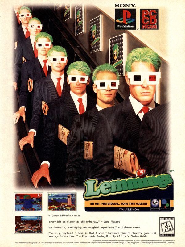 Lemmings 3D Magazine Advertisement (Magazine Advertisements): GamePro (United States), Issue 78 (January 1996)