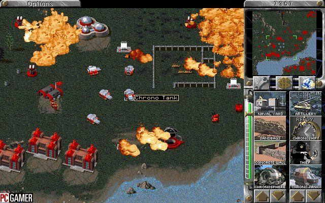 Command & Conquer: Red Alert - The Aftermath Screenshot (PC Gamer Online Preview, 1997): Chrono Tanks warp in for the attack