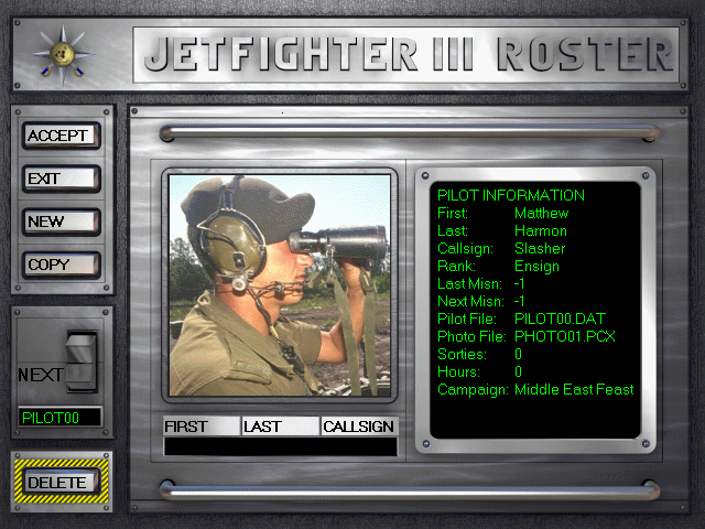 JetFighter III Screenshot (Slide show demo, 1995-11-29): Choose your own personal callsign and photo representation