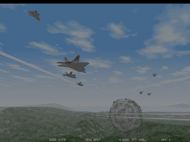 JetFighter III Screenshot (Slide show demo, 1995-11-29): A serious furball over the hills of Concepcion