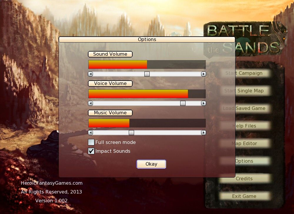 Battle of the Sands Screenshot (Official Website): Options Menu