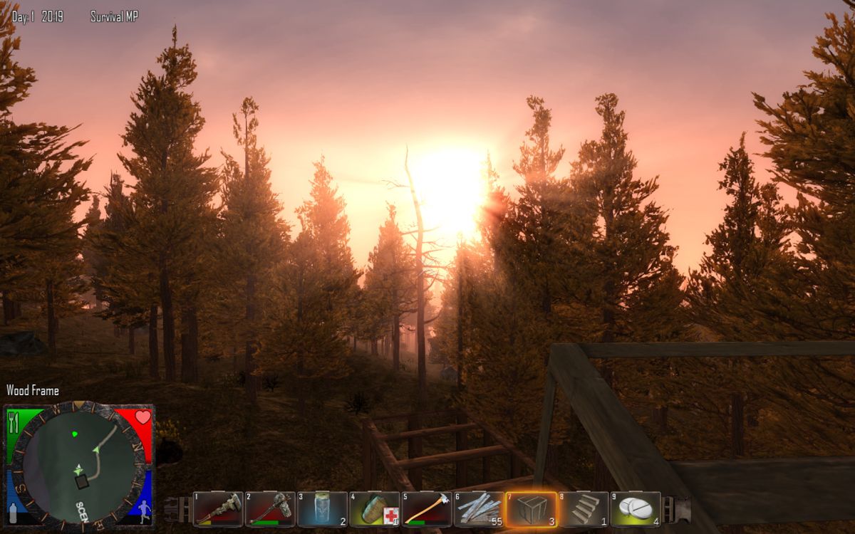 7 Days to Die Screenshot (Official development blog, 2014-2019): "We testing all night long. Was preparing for a horde in the new feral aggression setting and the sunset was just gorgeous so I had to grab a screen." (May 21, 2014)