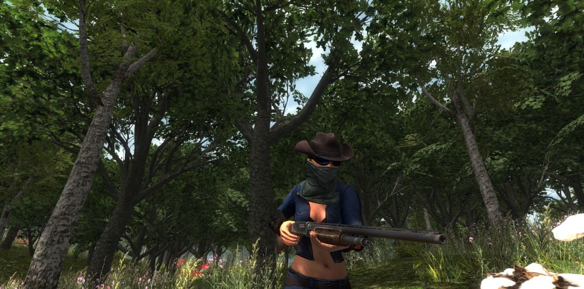 7 Days to Die Screenshot (Official development blog, 2014-2019): "Things are coming together with the new character system. Here I am wearing a cowboy hat, bandana, goggles, denim jacket, NO SHIRT, and denim jeans." (October 23, 2014)