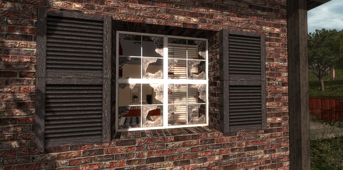 7 Days to Die Screenshot (Official development blog, 2014-2019): "Well the new doors looked so good we felt like we needed to update the windows too. We added lots of new broken glass windows to the game, mini blinds, new window plywoods and other makeshift post apocalypse looking window coverings." (October 27, 2014)