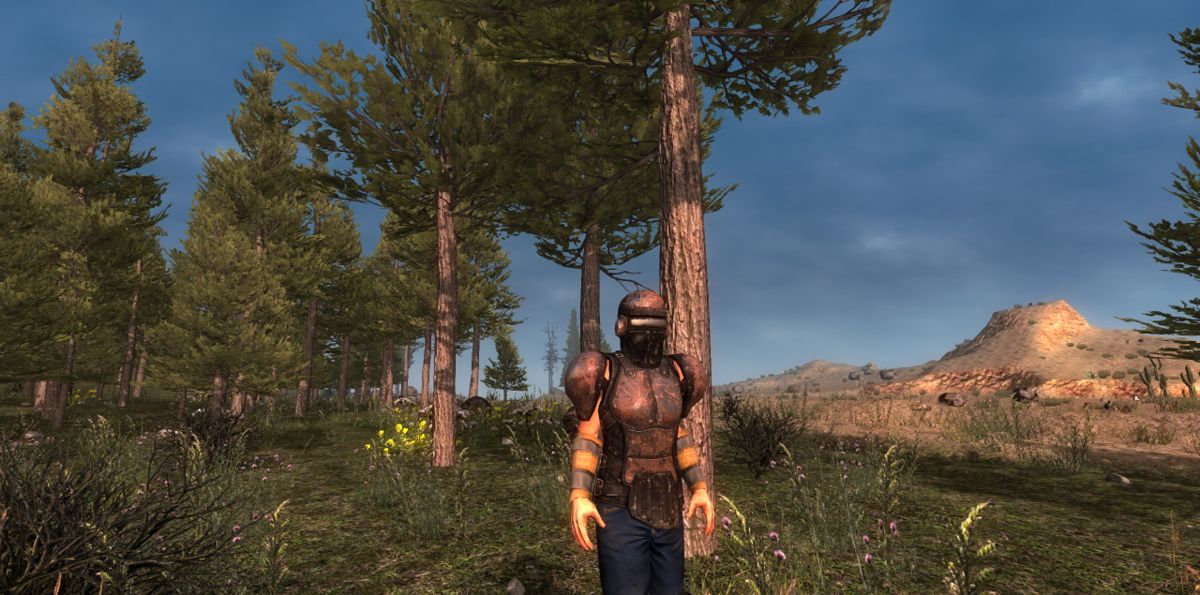 7 Days to Die Screenshot (Official development blog, 2014-2019): "Here’s the male player! Currently bald but we have some hair coming. You’ll be able to make him fat or muscular also." (November 4, 2014)