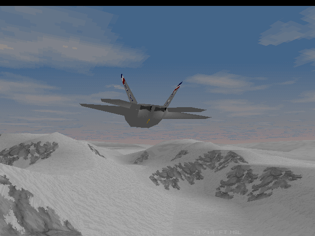 JetFighter III Screenshot (Slide show demo, 1995-11-29): Flying over the Andes into Argentinean airspace