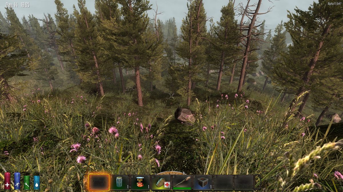 7 Days to Die Screenshot (Official development blog, 2014-2019): "Well today I decided to thicken the grass up so I added more grass strands to the grass textures. I then liked how much better the forests were looking and replaced the chrysanthemum texture [...]" (January 5, 2015)