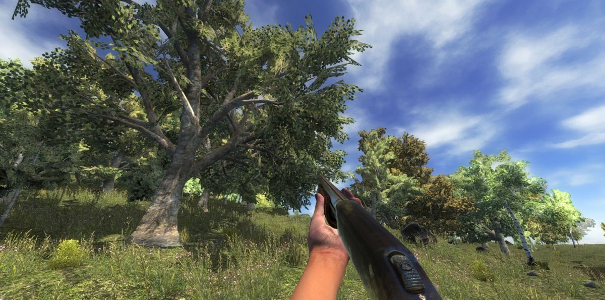 7 Days to Die Screenshot (Official development blog, 2014-2019): "With the new physical based lighting you can see the shotgun barrel reflecting the sky, trees and even the ground below it. It looks great moving around in the game and adds much immersion." (February 19, 2015)