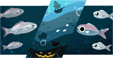 Halloween 2020 Concept Art (google.com/doodles): Level 2 — Twilight Zone | Aquatic foe: Boops Boops