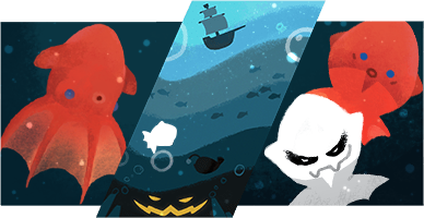 Halloween 2020 Concept Art (google.com/doodles): Level 3 — Midnight Zone | Aquatic foe: Vampire Squid