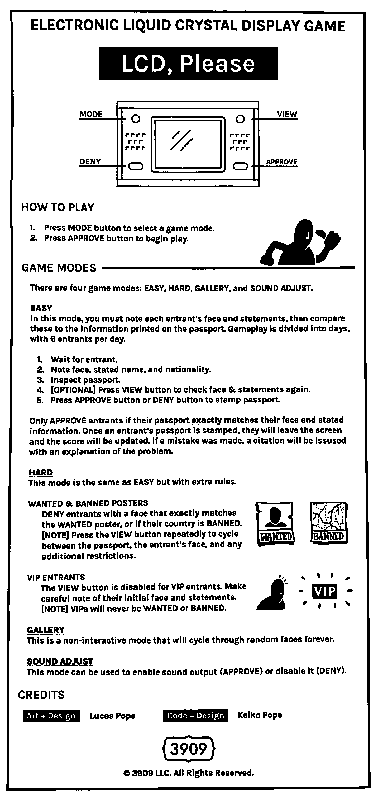 LCD, Please Other (itch.io): Instruction sheet