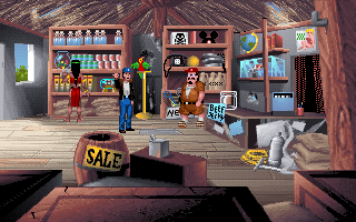 Flight of the Amazon Queen Screenshot (Gee Whiz! Entertainment website, 1998): Trader Bob, Naomi and Wedgewood the parrot.