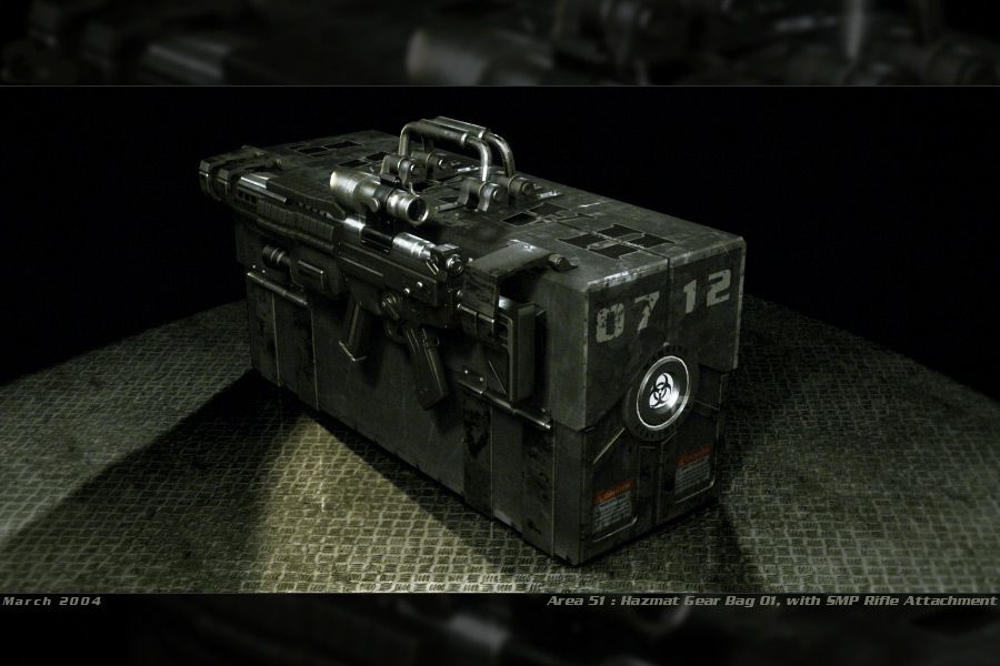 Area-51 Render (Midway E3 2004 Press Kit): Hazmat Gear Bag 01, with SMP Rifle Attachment