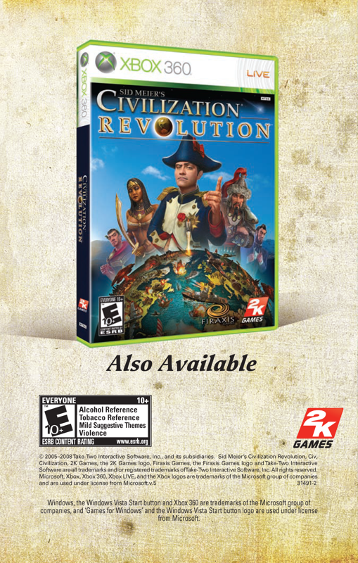 Sid Meier's Civilization: Revolution Manual Advertisement (Game Manual Advertisements): Back of manual: Sid Meier's Civilization IV: Colonization (2008, Windows/Steam release)