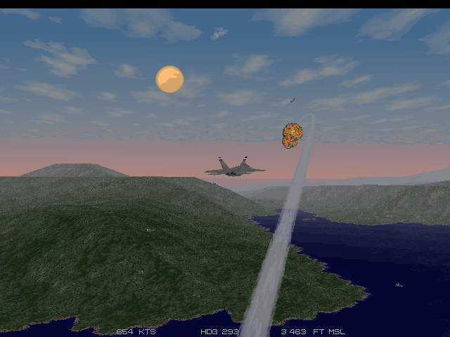JetFighter III Screenshot (Slide show demo, 1995-11-29): A close call. Watch out for the gunboat around the river's bend