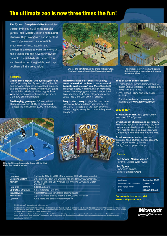Zoo Tycoon: Complete Collection Other (Zoo Tycoon Press Kit): Sell Sheet (page 2)