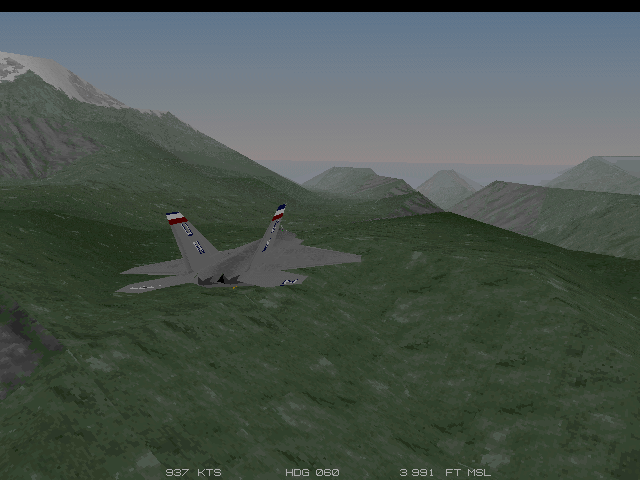 JetFighter III Screenshot (Slide show demo, 1995-11-29): Climbing the green peaks of the dormant Osorno volcano