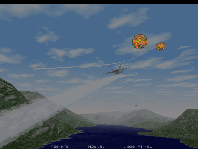 JetFighter III Screenshot (Slide show demo, 1995-11-29): An epic battle over Chile's Lake Rinihue