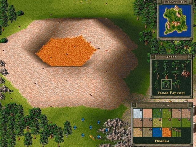 The Settlers II: Gold Edition Screenshot (Blue Byte website (USA), 1997): Use the map editor to create additional new worlds with exciting landscapes, volcanic areas, deep valleys, vast mountains and more!