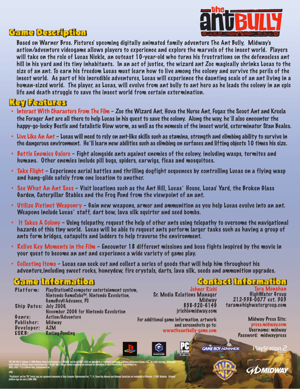 The Ant Bully Other (Midway E3 2006 Asset Disc): Fact Sheet (page 2)