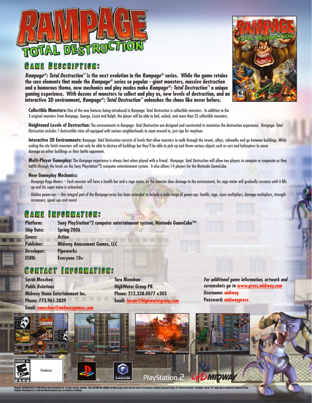 Rampage: Total Destruction Other (Midway E3 2006 Asset Disc): Fact Sheet (page 2)