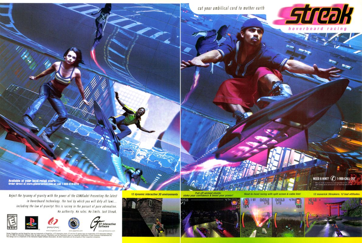 Streak Hoverboard Racing Magazine Advertisement (Magazine Advertisements): Official PlayStation Magazine (U.S.), Issue #14 (November 1998)