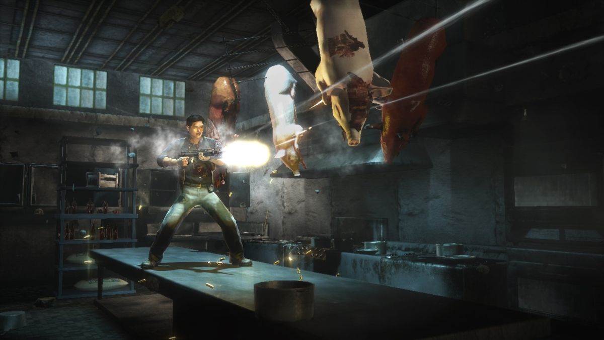 Stranglehold Screenshot (Midway E3 2006 Asset Disc): Shooting in the Pig Kitchen