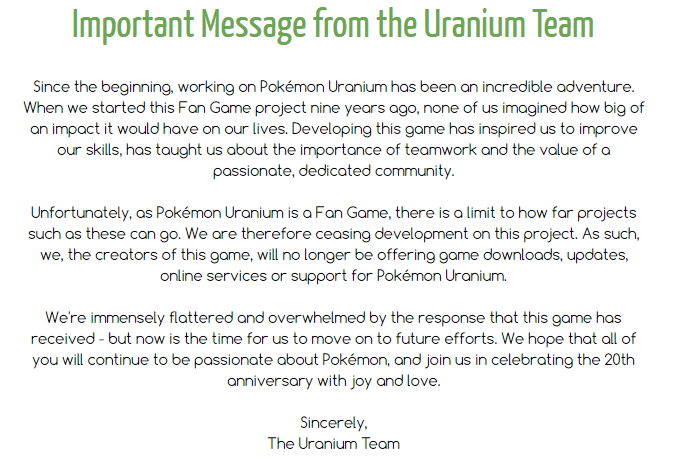 Pokémon Uranium Other (Official Website (2nd)): devMessage2 This message was posted by the original members of Uranium Team on September 21, 2016.