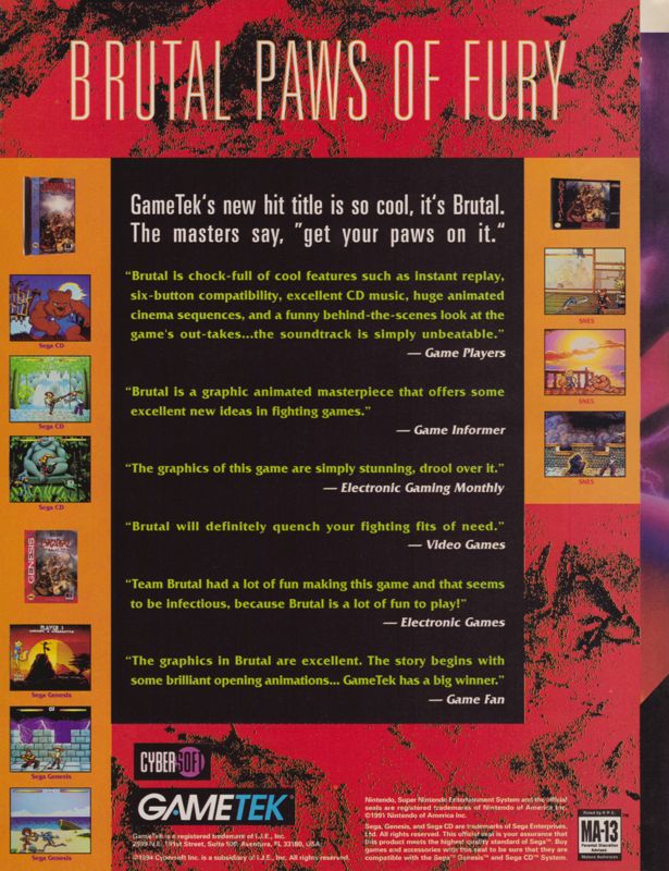 Brutal: Paws of Fury Magazine Advertisement (Magazine Advertisements): Electronic Gaming Monthly (United States), Issue 65 (December 1994).