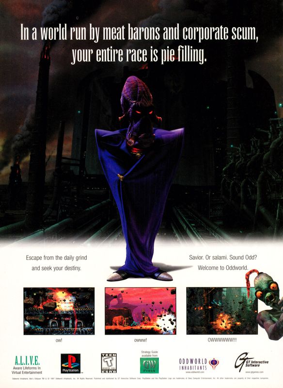 Oddworld: Abe's Oddysee Magazine Advertisement (Magazine Advertisements): Official U.S. PlayStation Magazine (United States), Volume 1 Issue 1 (October 1997)