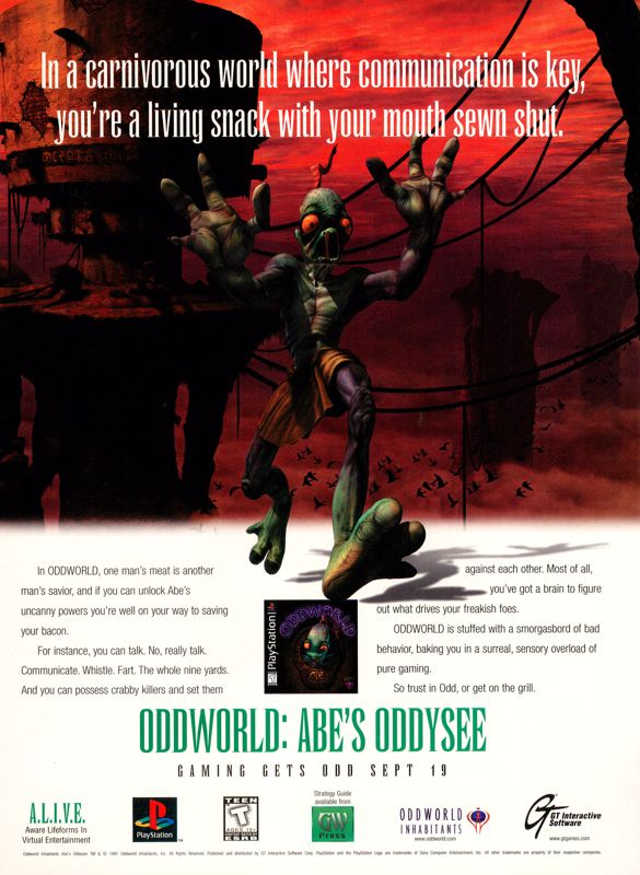 Oddworld: Abe's Oddysee Magazine Advertisement (Magazine Advertisements): Official U.S. PlayStation Magazine (United States), Volume 1 Issue 1 (October 1997)