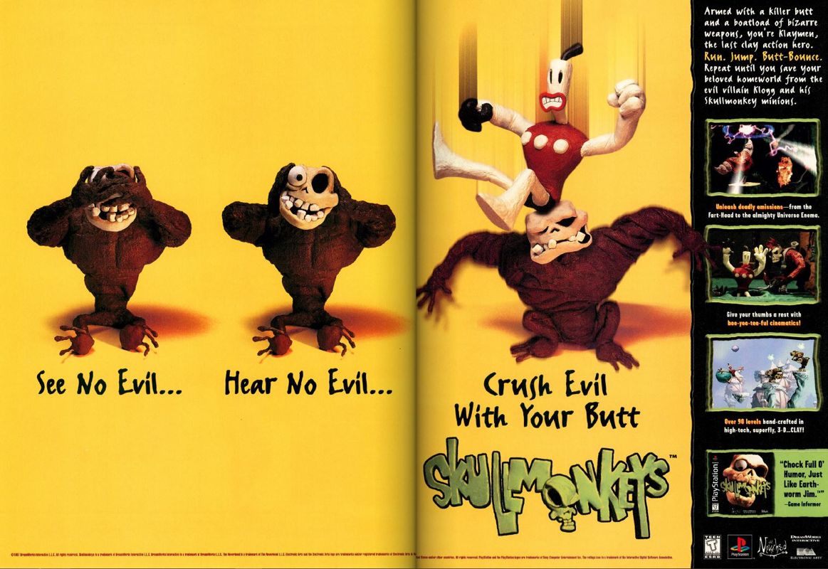 Skullmonkeys Magazine Advertisement (Magazine Advertisements): Official U.S. PlayStation Magazine (United States), Volume 1 Issue 5 (February 1998)