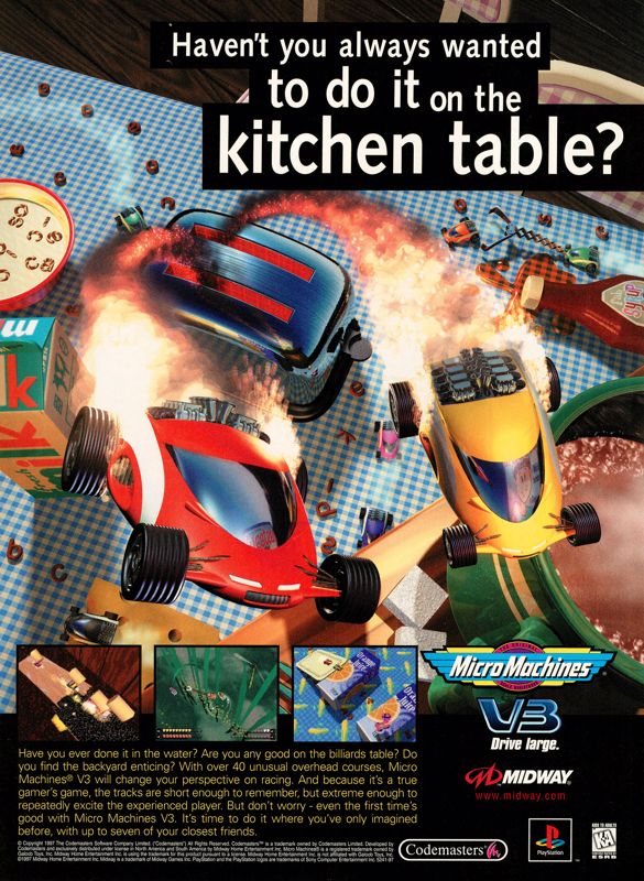 Micro Machines V3 Magazine Advertisement (Magazine Advertisements): Official U.S. PlayStation Magazine (United States), Volume 1 Issue 6 (March 1998)