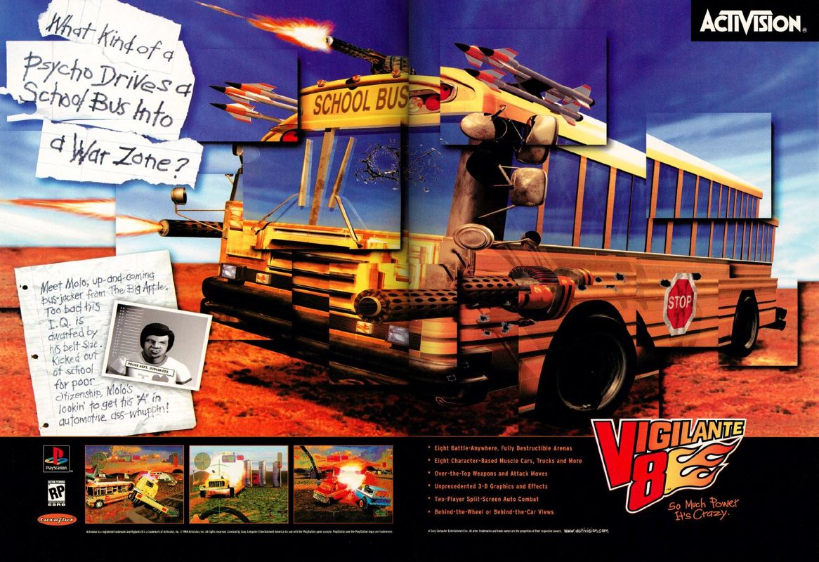 Vigilante 8 Magazine Advertisement (Magazine Advertisements): Official U.S. PlayStation Magazine (United States), Volume 1 Issue 7 (April 1998)
