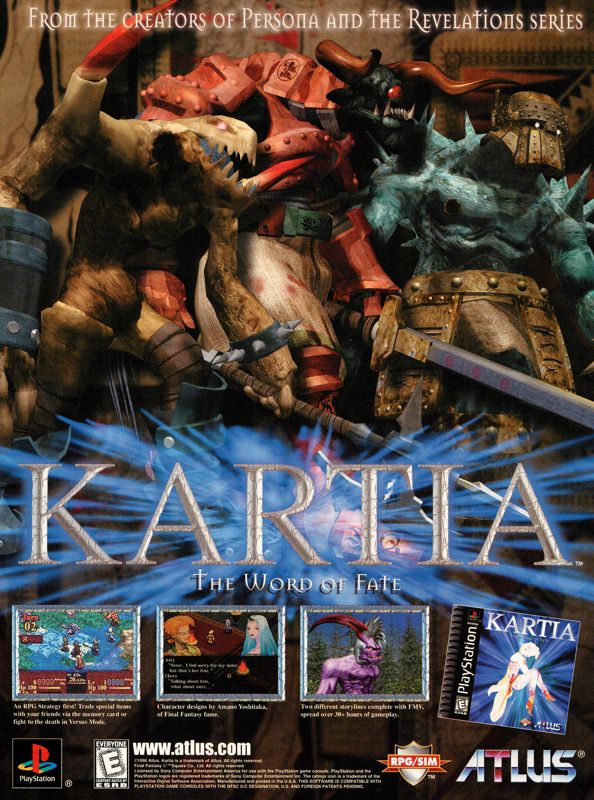 Kartia: The Word of Fate Magazine Advertisement (Magazine Advertisements): Official U.S. PlayStation Magazine (United States), Volume 1 Issue 10 (July 1998)