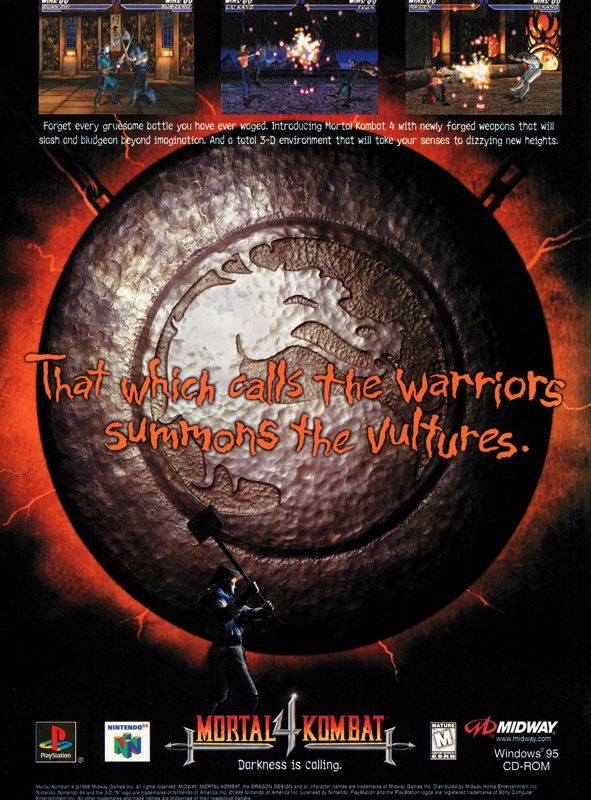 Mortal Kombat 4 Magazine Advertisement (Magazine Advertisements): Official U.S. PlayStation Magazine (United States), Volume 1 Issue 10 (July 1998)