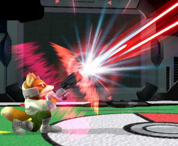 Super Smash Bros.: Melee Screenshot (Official Game Page - Nintendo.com): Fox's Blaster Fox blasts an opponent out of the sky in a Pokemon-themed arena.