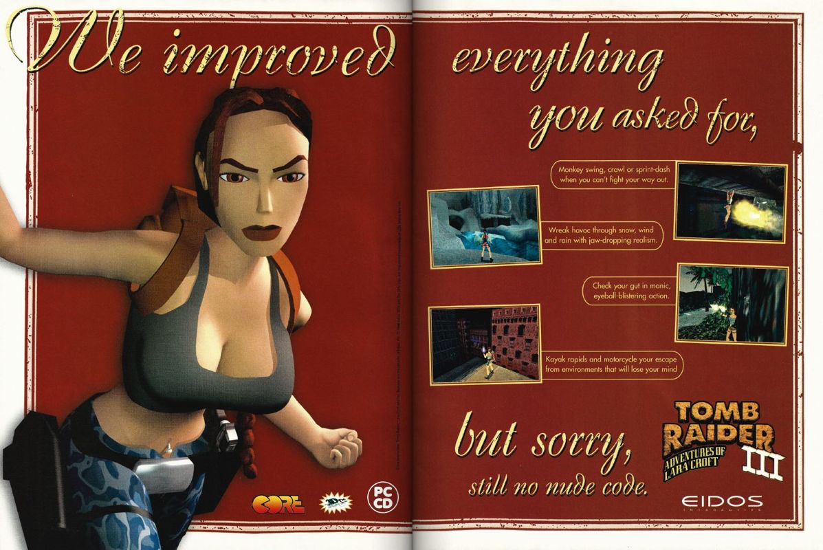 Tomb Raider III: Adventures of Lara Croft Magazine Advertisement (Magazine Advertisements): Official U.S. PlayStation Magazine (United States), Volume 2 Issue 1 (October 1998)