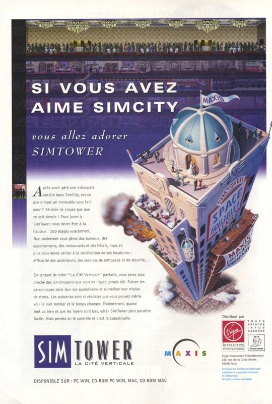 SimTower: The Vertical Empire Magazine Advertisement (Magazine Advertisements): PC Player (France), Issue 023 (July 1995)