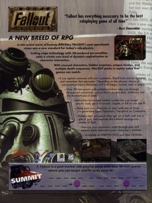 Fallout Magazine Advertisement (Magazine Advertisements): PC Gamer (USA), Issue 11/1997