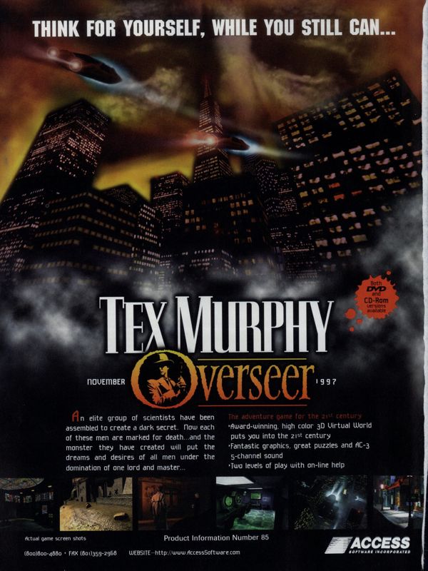 Tex Murphy: Overseer Magazine Advertisement (Magazine Advertisements): PC Gamer (USA), Issue 11/1997